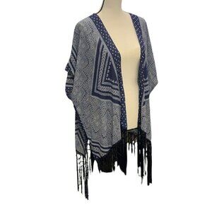Maurices Womens Open Front Fringe Bottom Cardigan Size S/M Sleeve Blue White